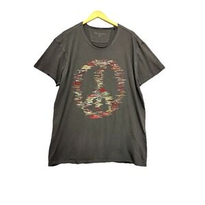 John Varvatos Distorted Embroidered Peace Sign Tee Shirt Men‎ Raw Edges XXL Gray